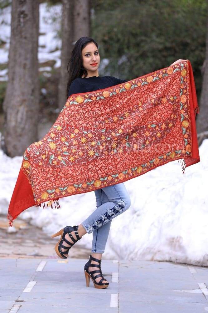 Maroon Colour Kashmiri Aari Work Embroidered Stole Enriched