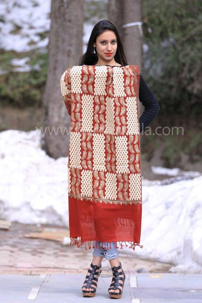 Maroon Colour Kashmiri Aari Work Stole With Exclusive Floral