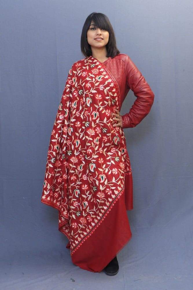 Red Colour Kashmiri Shawl With Aari Jaal Gives A Trendy Look