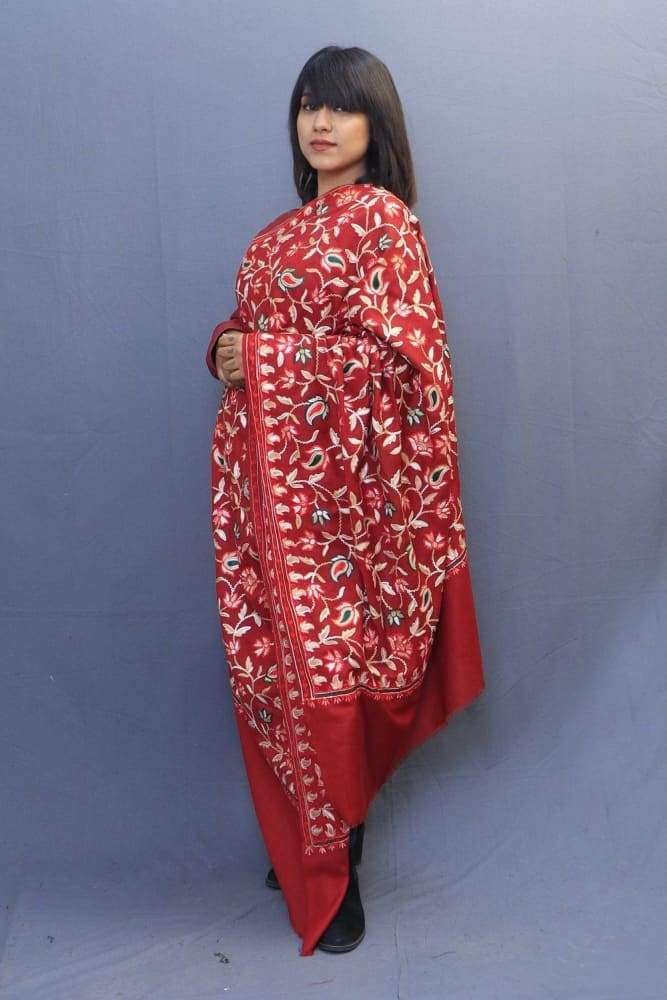 Red Colour Kashmiri Shawl With Aari Jaal Gives A Trendy Look