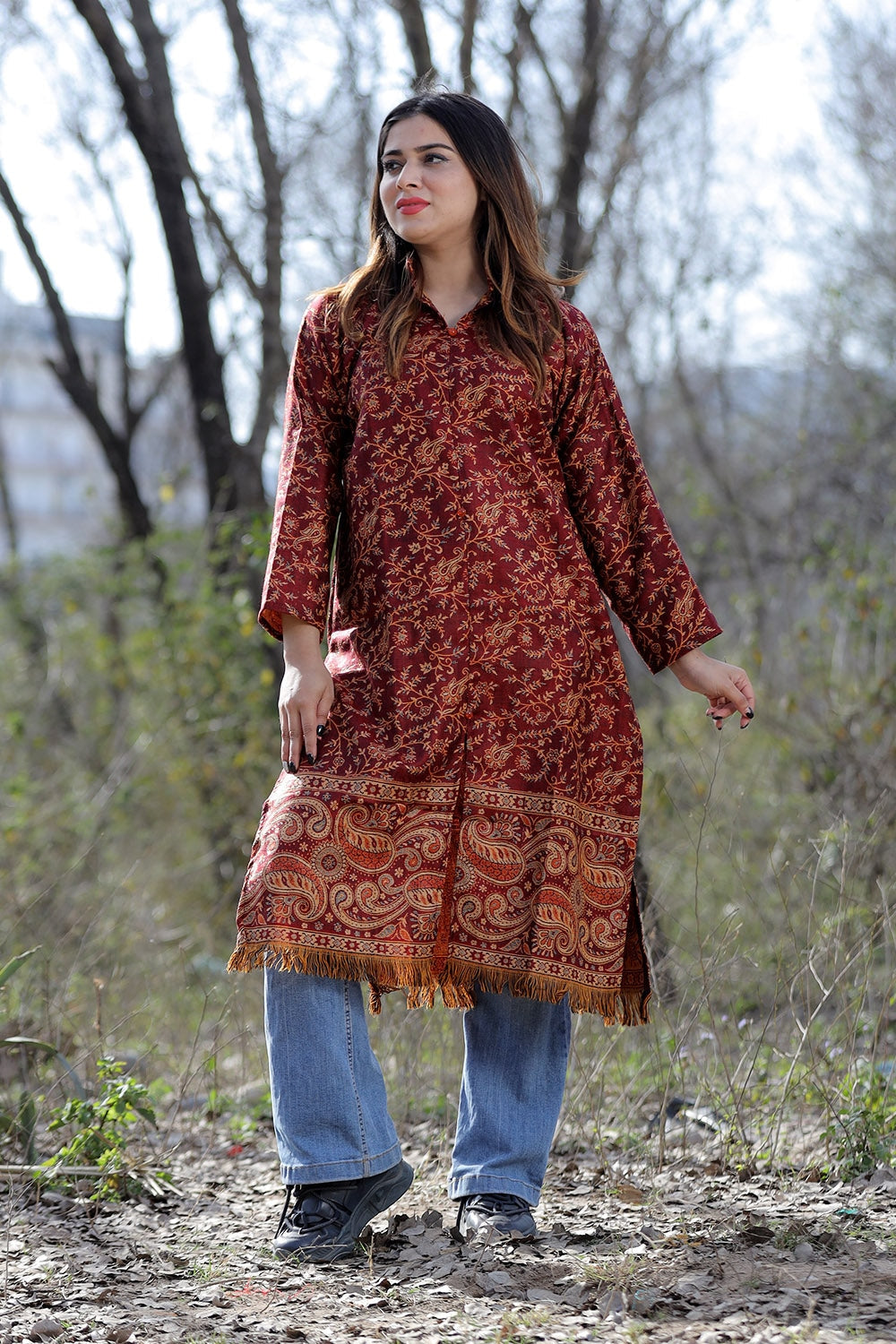 Maroon Color Kashmiri Woven Sherwani With Paisleys Pattern