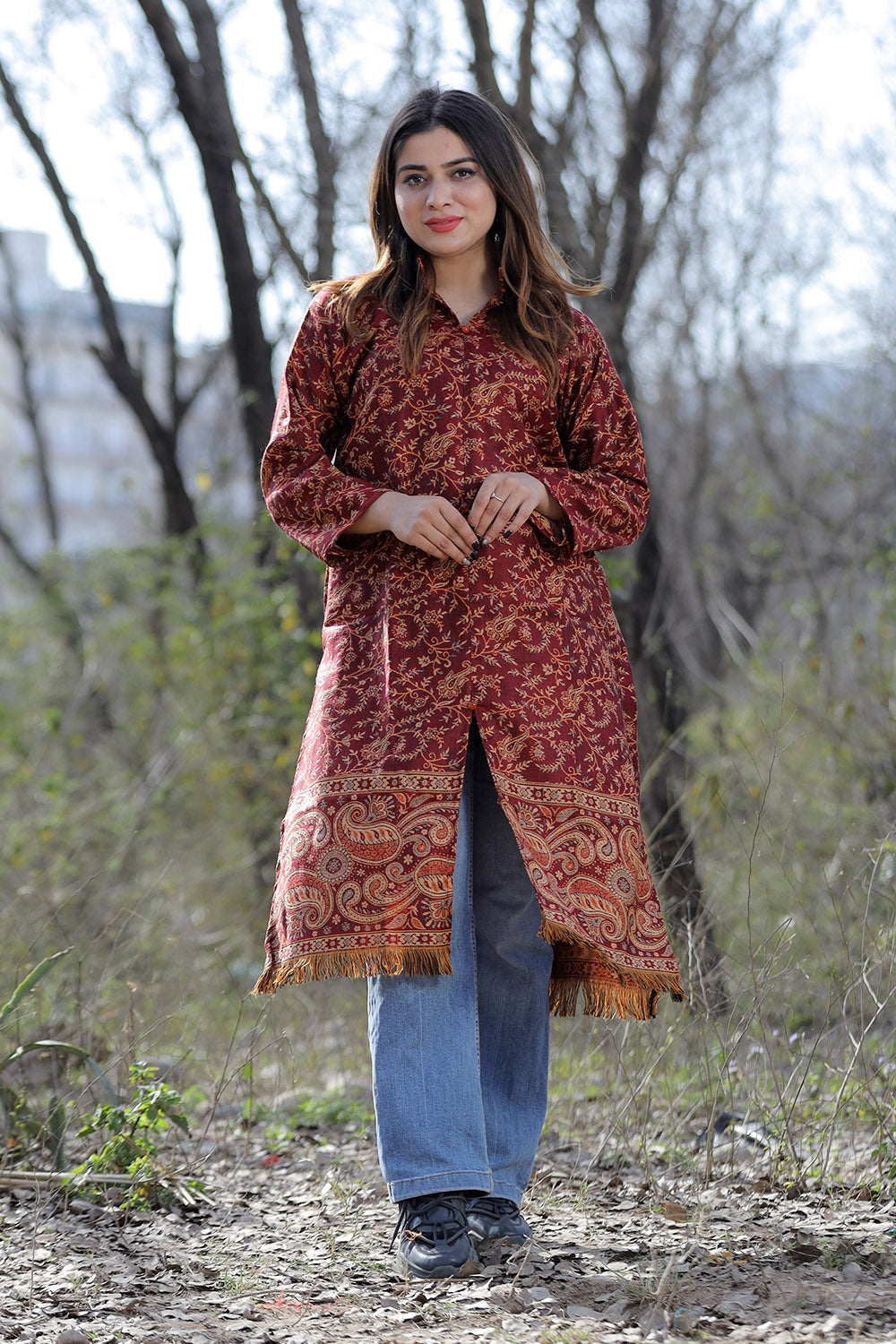 Maroon Color Kashmiri Woven Sherwani With Paisleys Pattern