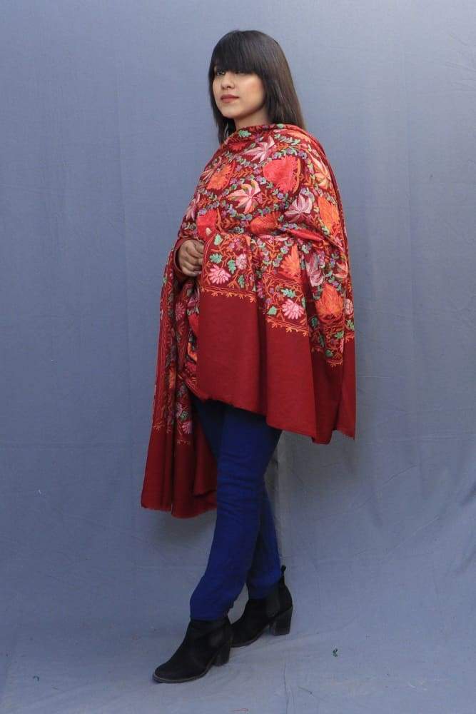 Maroon Colour Shawl With Kashmiri Aari Embroidery Looks