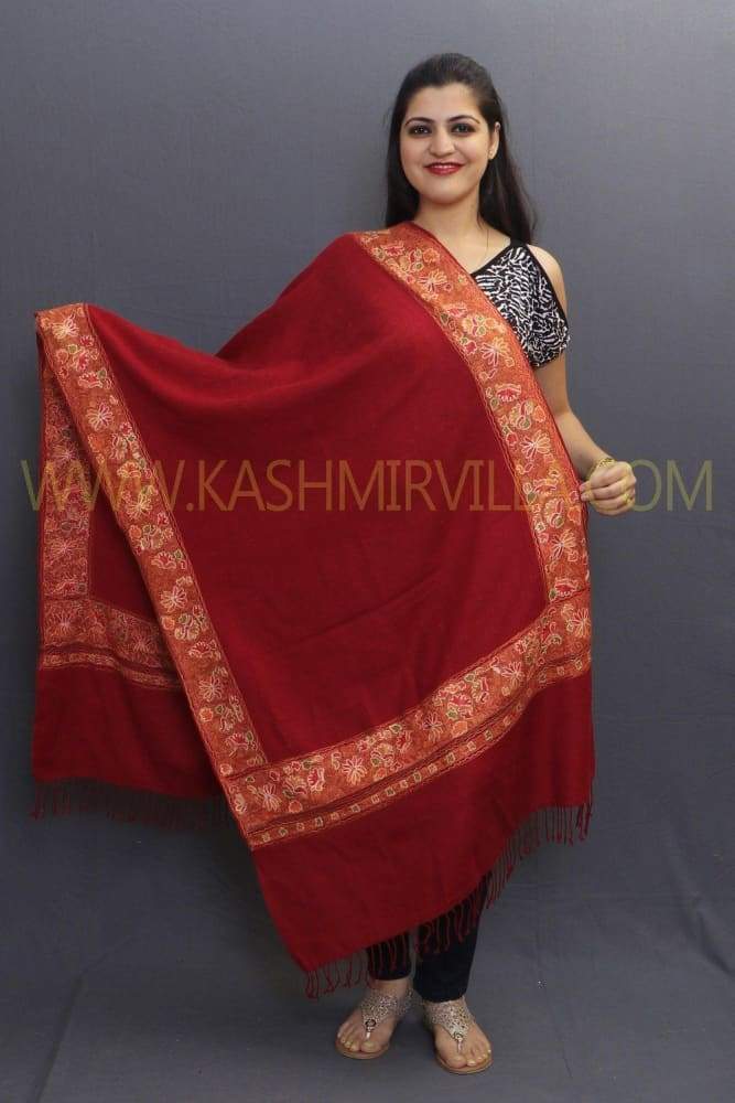 Maroon Colour Sozni Work Kashmiri Handwoven Stole