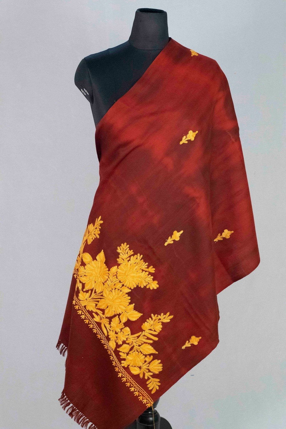 Maroon Colour Tye Dye Stole With kashmiri Embroidery