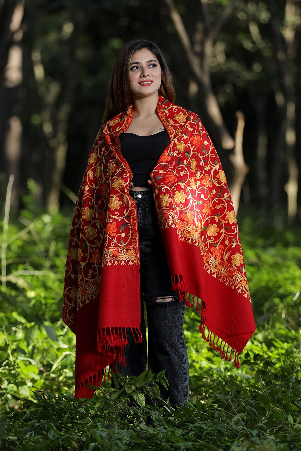 Maroon Colour Wolen Base With Rich All Over Kashmiri Jaal