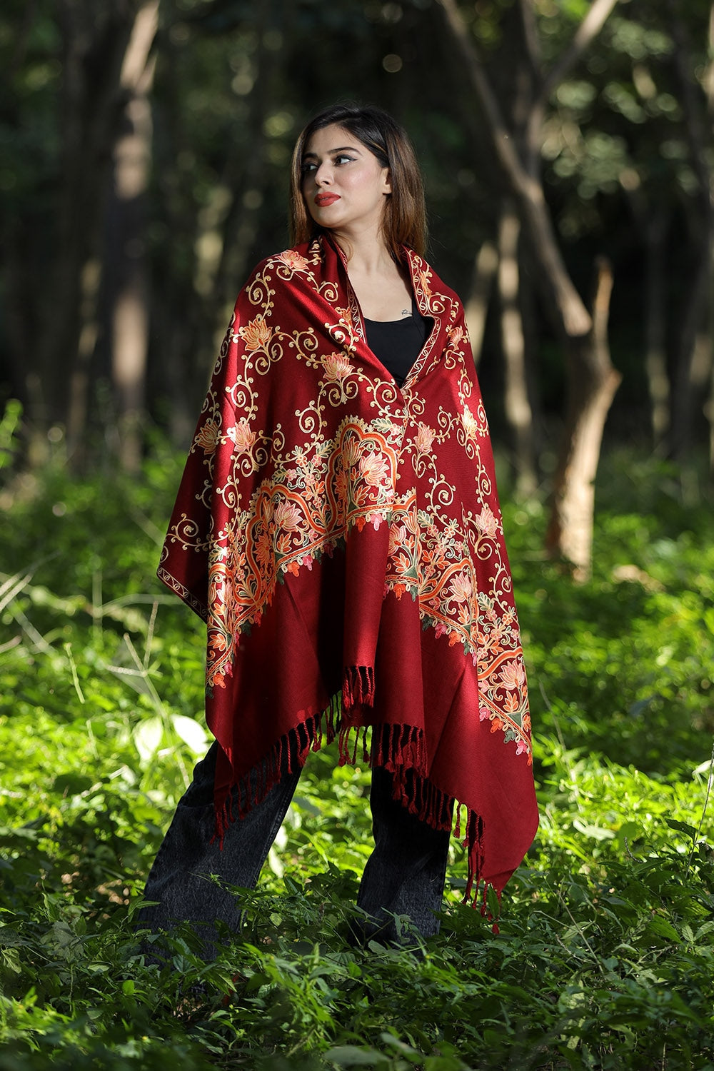 Maroon Colour Wolen Base With Rich All Over Kashmiri Jaal