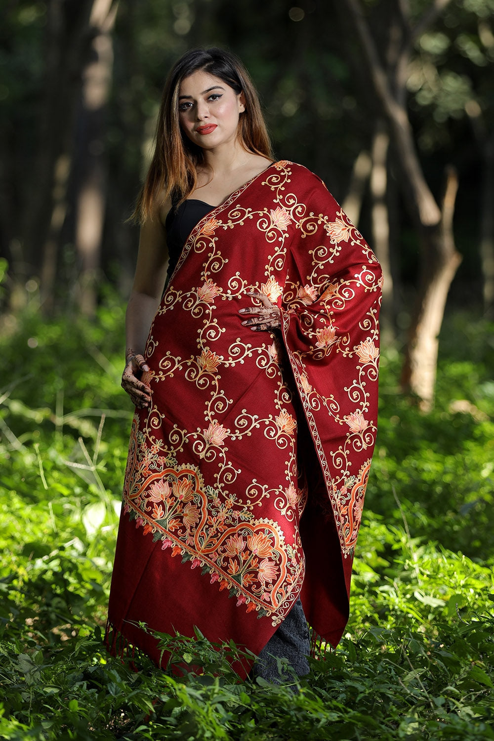 Maroon Colour Wolen Base With Rich All Over Kashmiri Jaal