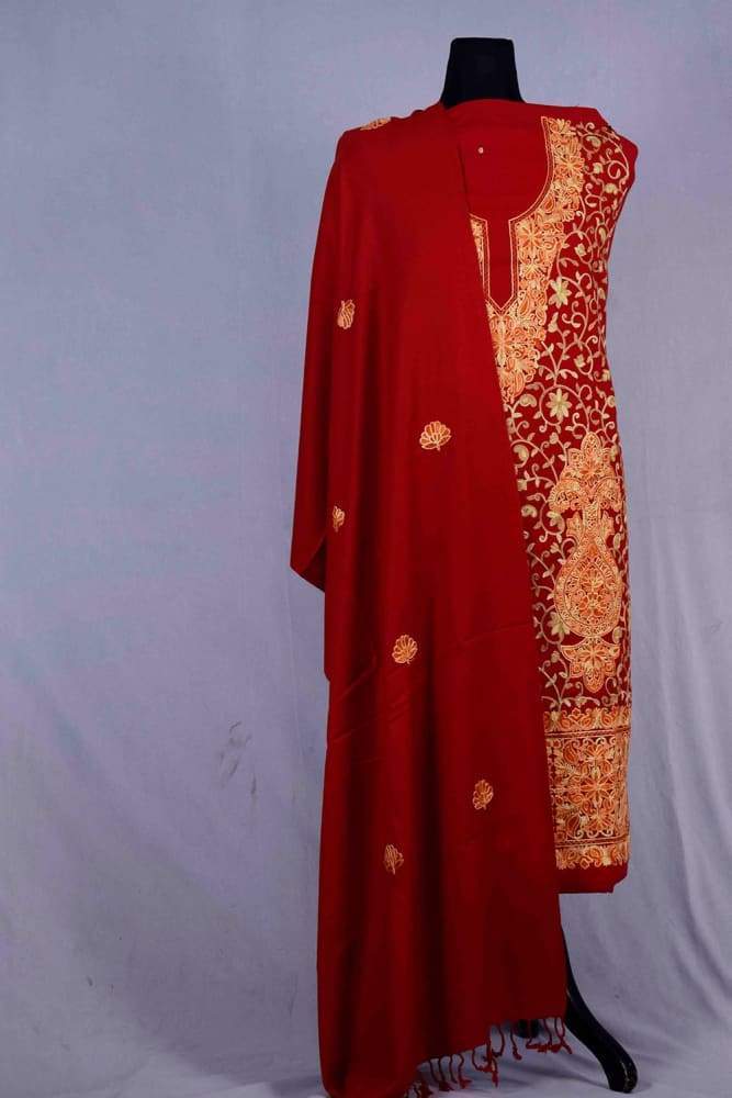 Maroon Colour Wool Aari Work Suit With Stole Crafted