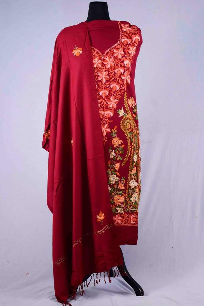 Maroon Colour Wool Aari Work Suit With Stole Crafted