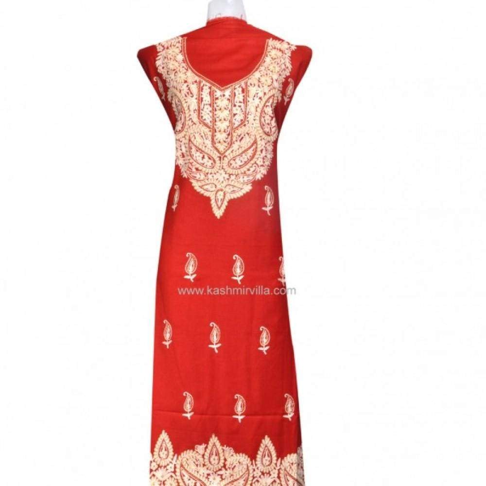 Maroon Red colour Woolen Aari Work Suit With Neckline