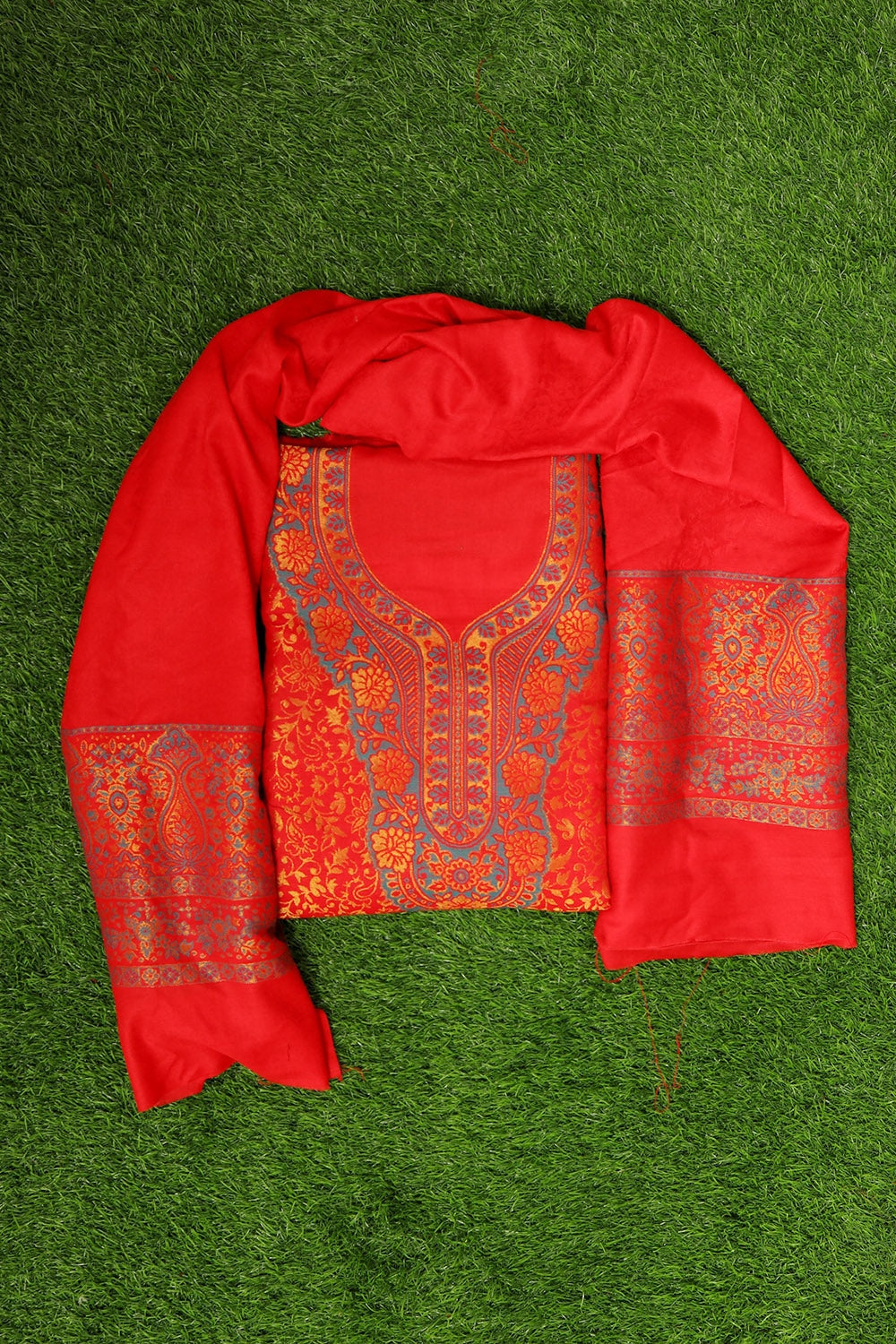 Marvellous Red Colour Cotton Zari Kani Stole Suit With Self