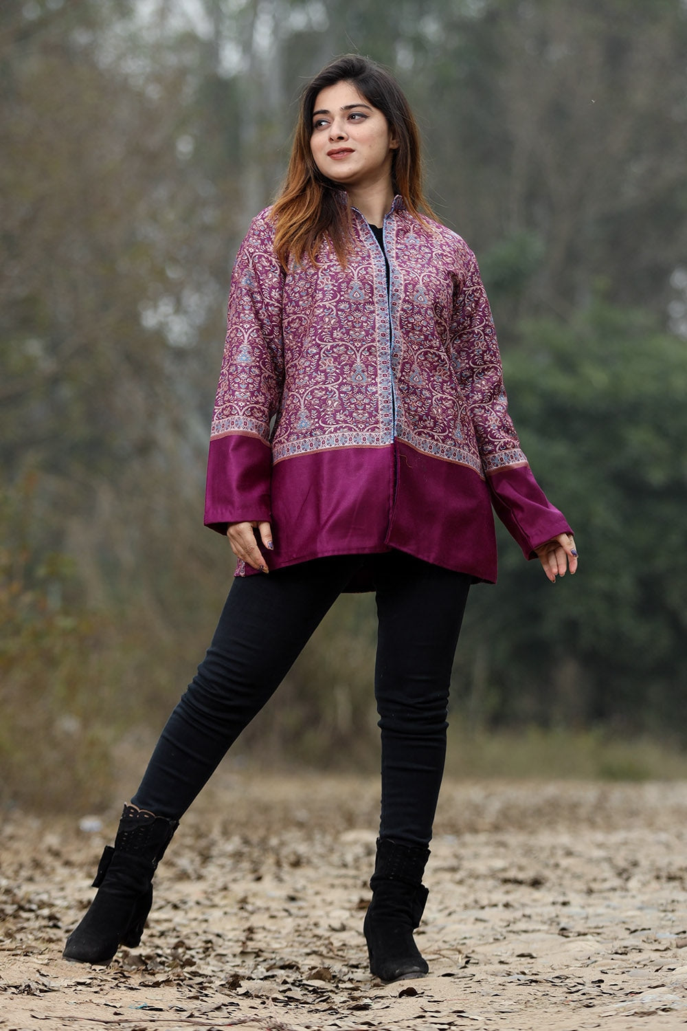 Mauve Colour Jamawar Woven Jacket With Beautiful Designer
