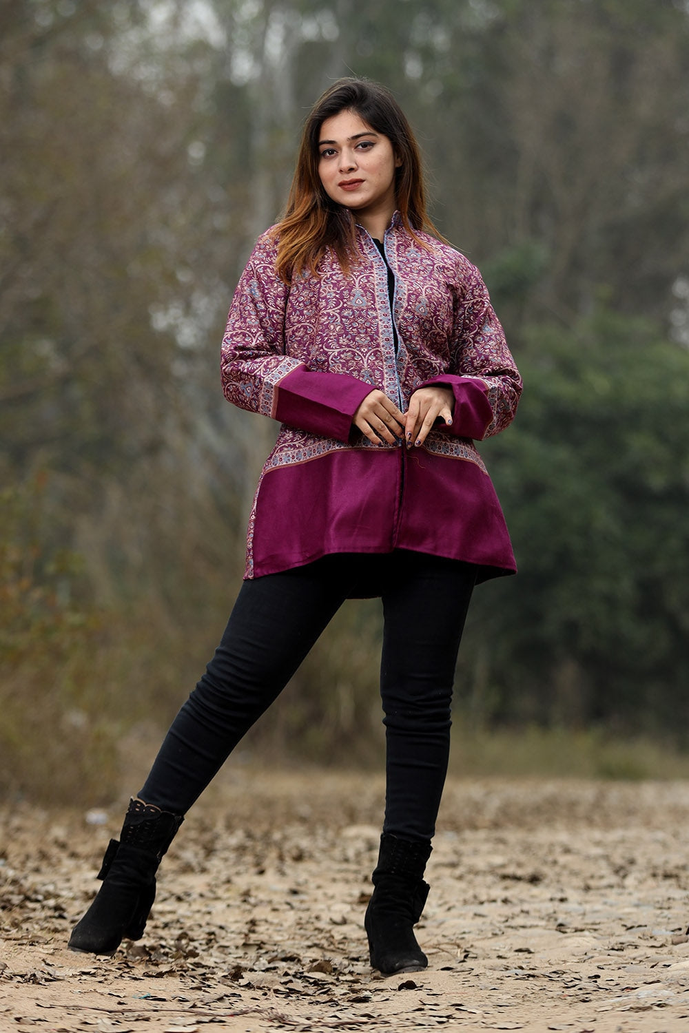 Mauve Colour Jamawar Woven Jacket With Beautiful Designer