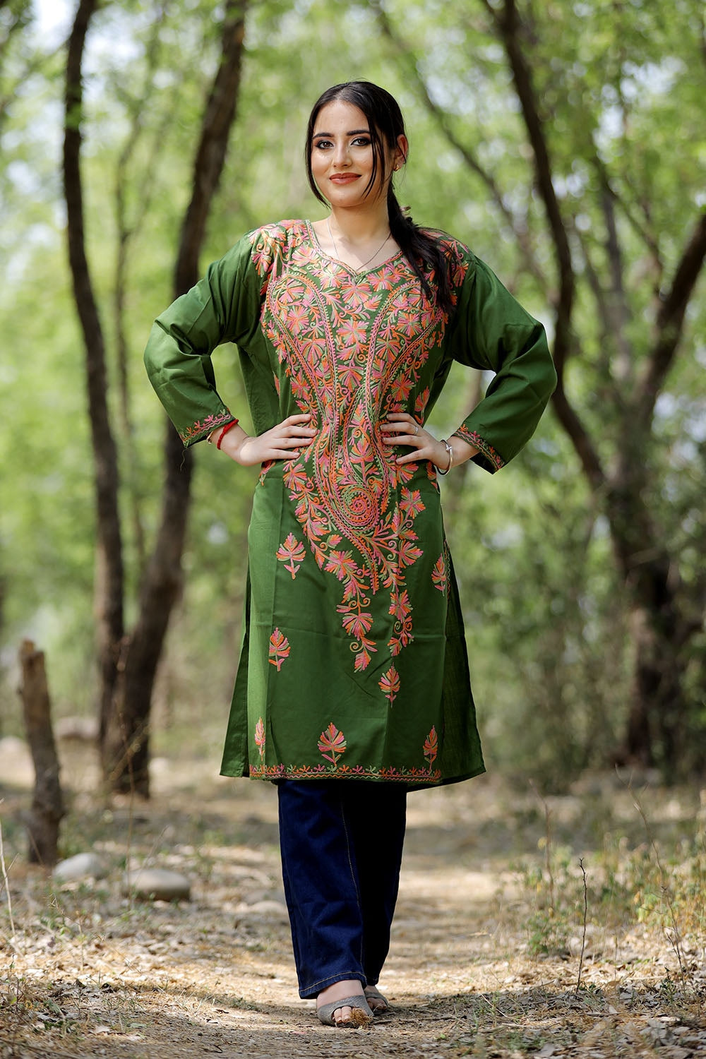 Mehandi Green Colour Cotton Kurti With Multicolour