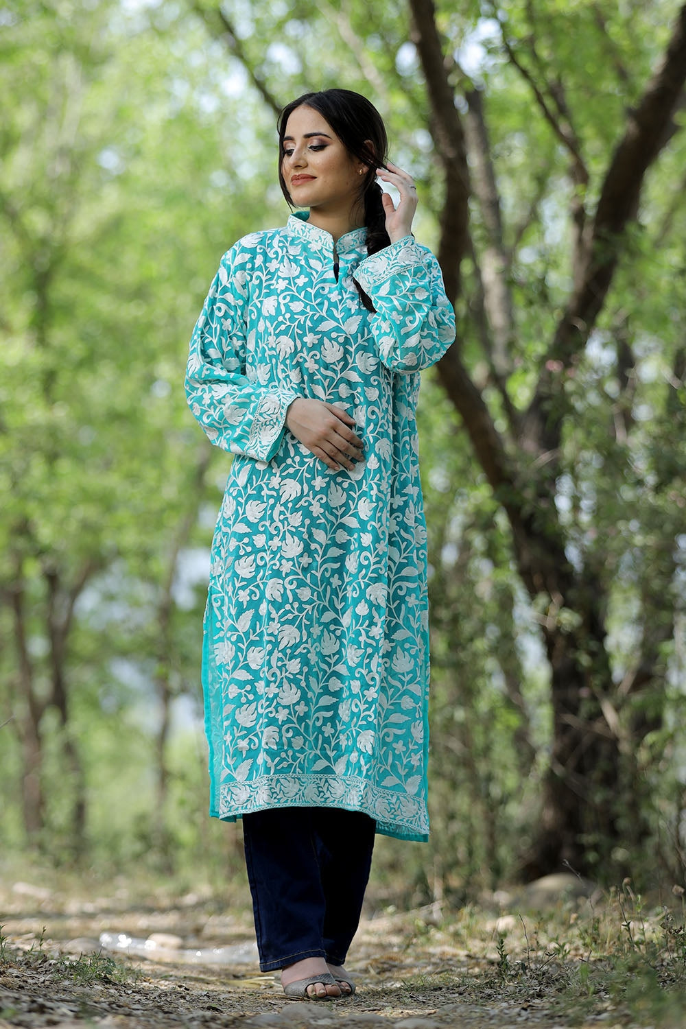 Green Faux Georgette with Bandhej Degital Print Nayra Cut Kurti -  PrazuFashion - 4189626