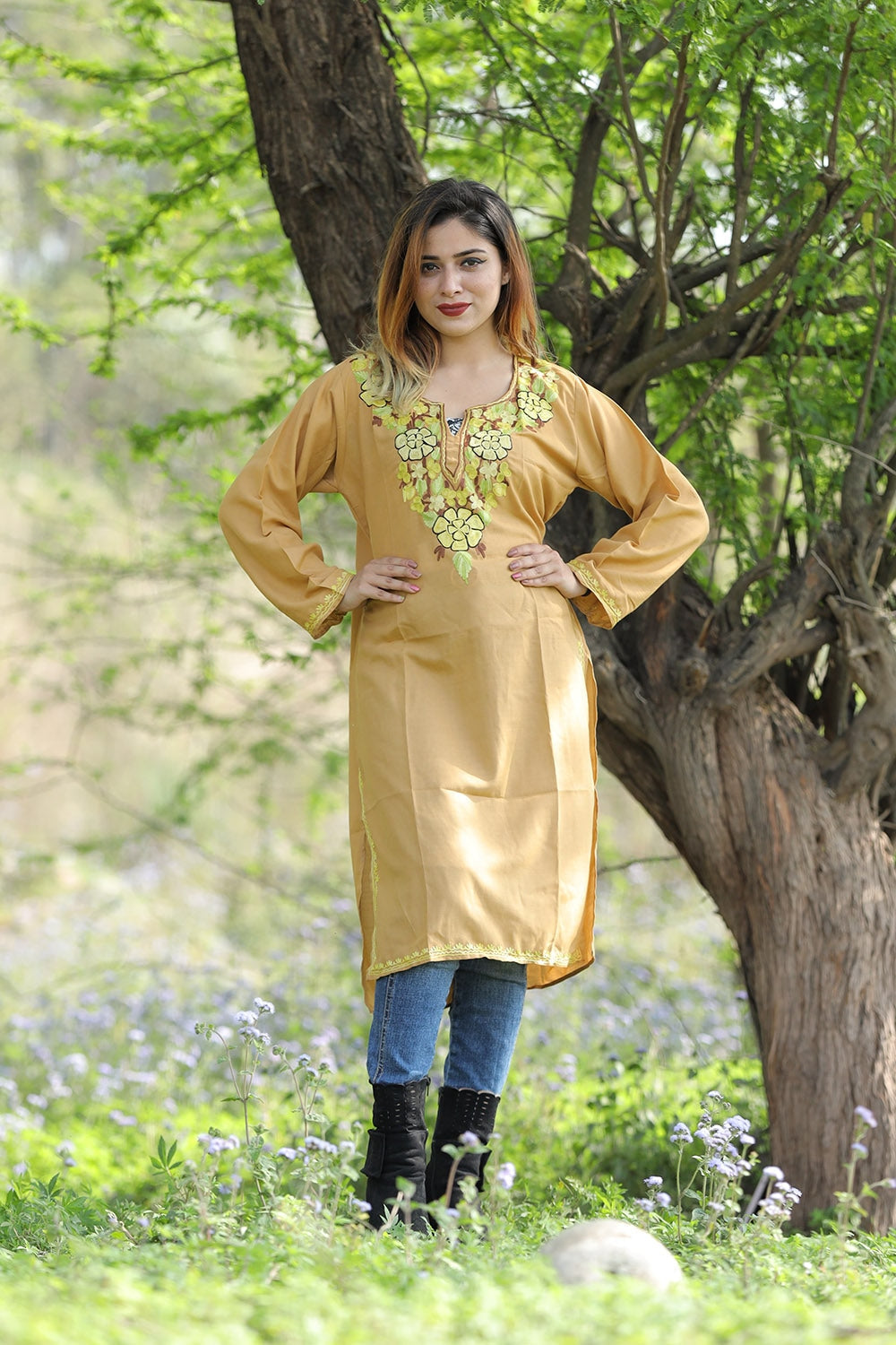 Mesmerizing Kashmiri Mustard Colour Cotton Kurti
