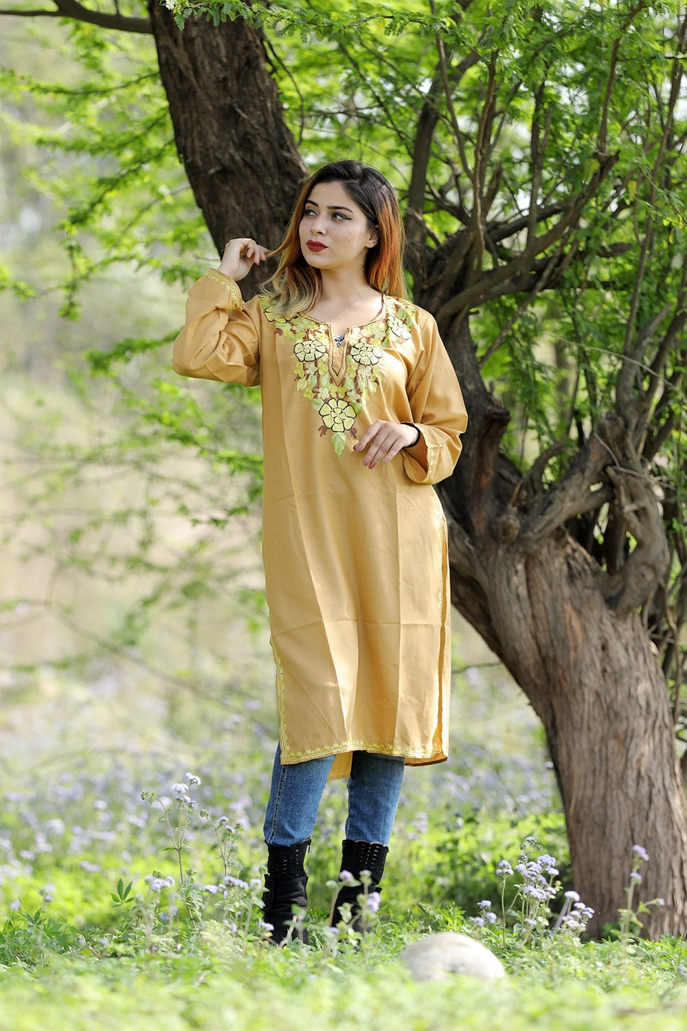 Mesmerizing Kashmiri Mustard Colour Cotton Kurti