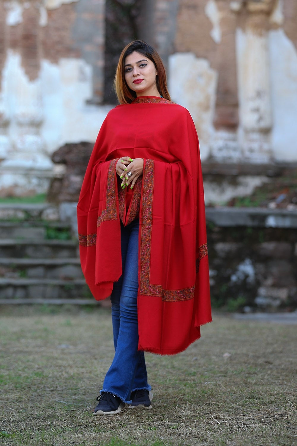 Mesmerizing Red Colour Semi Pashmina Sozni Shawl