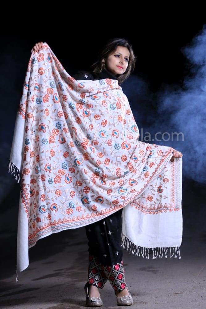 Milky White Color Aari Work Embroidery Shawl Enriched