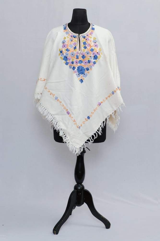 Milky White Colour Ponchu With Elegant Kashmiri Embroidery.
