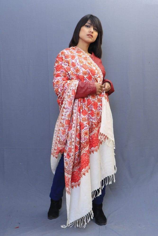 Milky White Colour Shawl With Wonderful Aari Jaal Gives