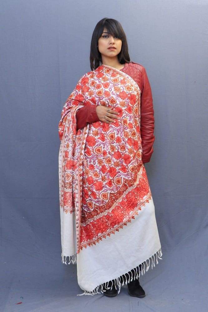 Milky White Colour Shawl With Wonderful Aari Jaal Gives