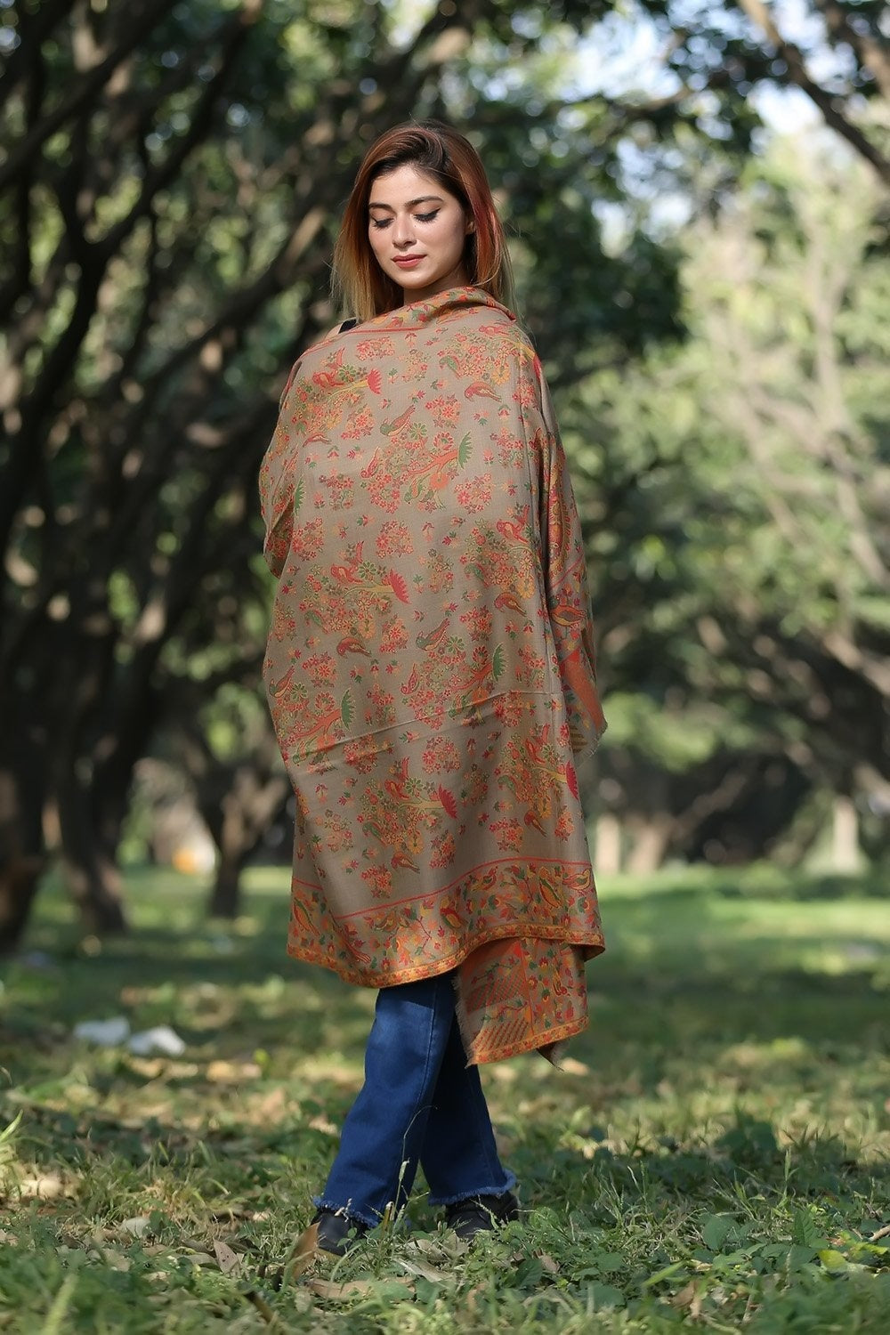 Mousy Brown Colour Designer Shawl With Beautifully