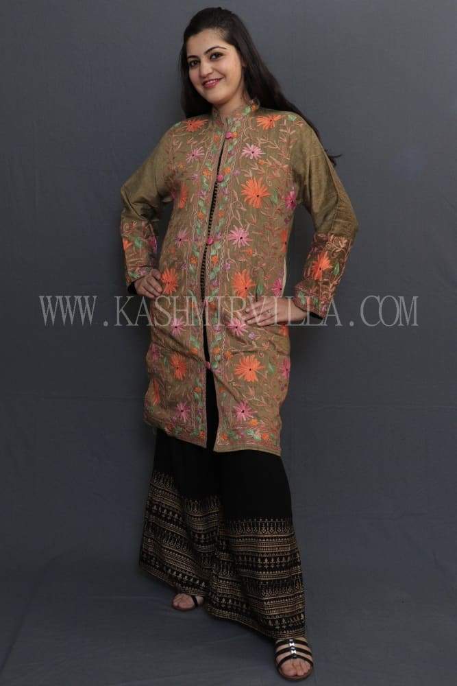 Mud Colour Embroidered Jacket With Beautiful Aari Embroidery