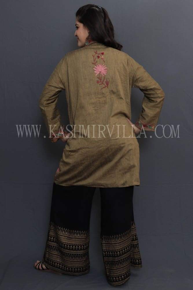 Mud Colour Embroidered Jacket With Beautiful Aari Jaal Gives