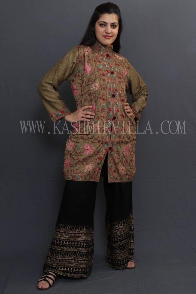 Mud Colour Embroidered Jacket With Beautiful Aari Jaal
