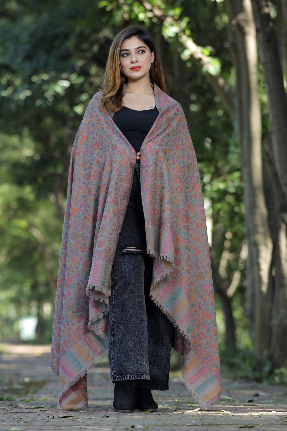 MULTI COLOUR SHAWL WITH ZARI & KANI WORK DEFINES ROYAL
