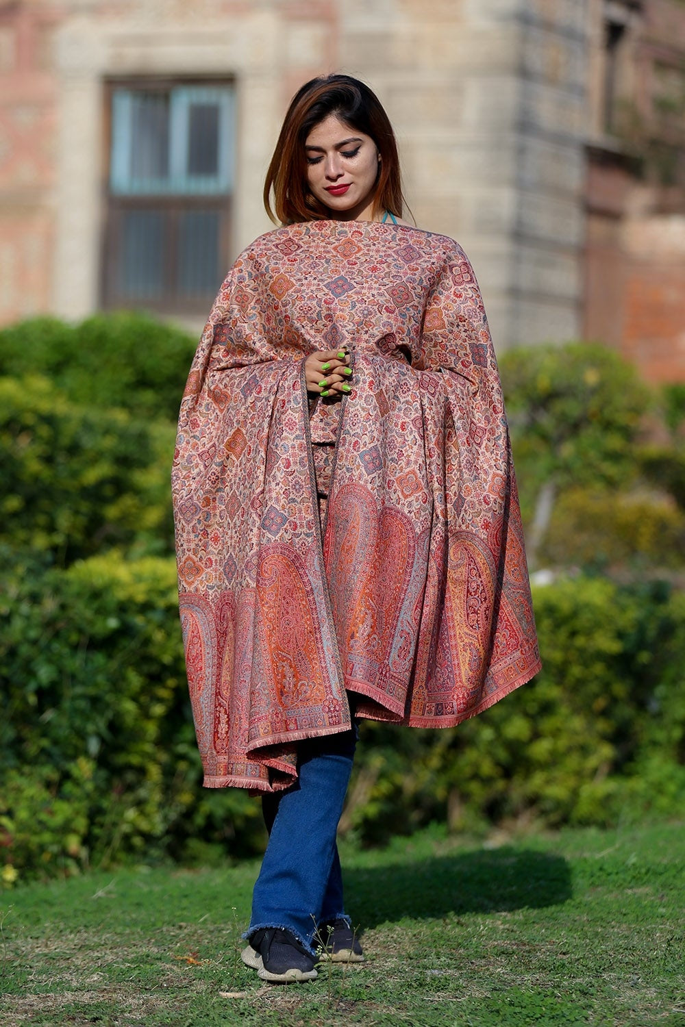 Multicoloured Beige Colour Designer Shawl With Beautifully
