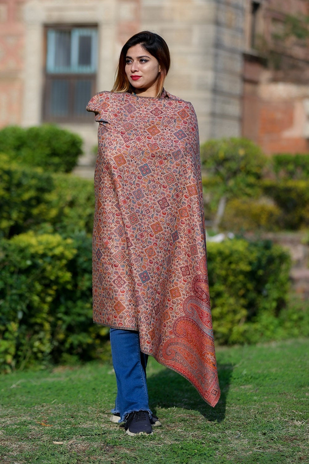 Multicoloured Beige Colour Designer Shawl With Beautifully
