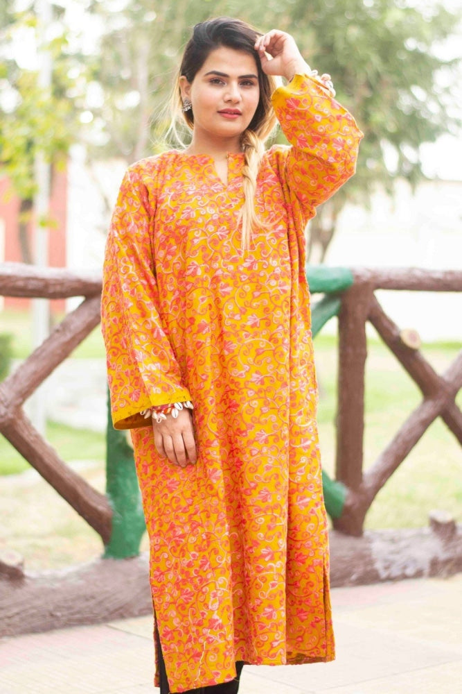 Mustard Color Aari Work Embroidered Phiran Enriched Designer