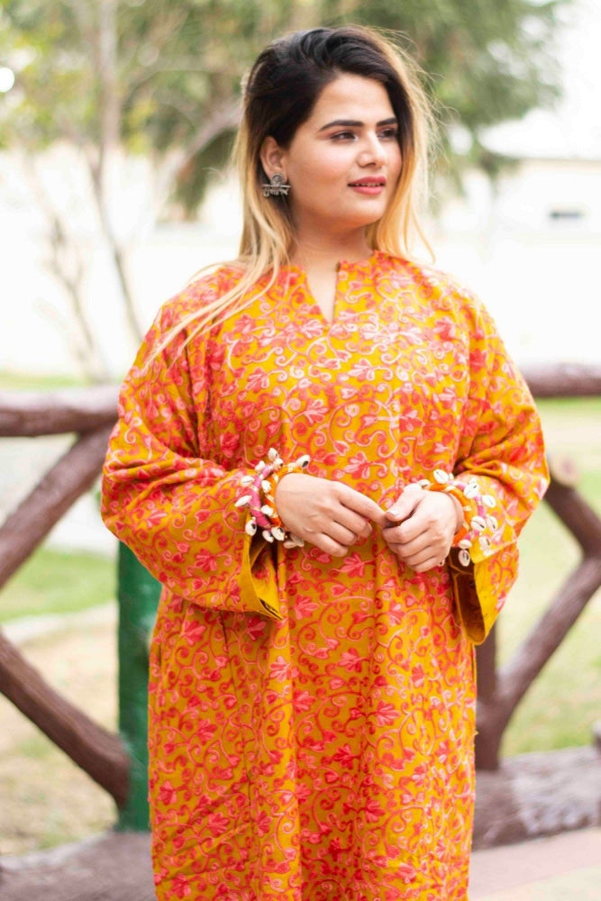 Mustard Color Aari Work Embroidered Phiran Enriched Designer