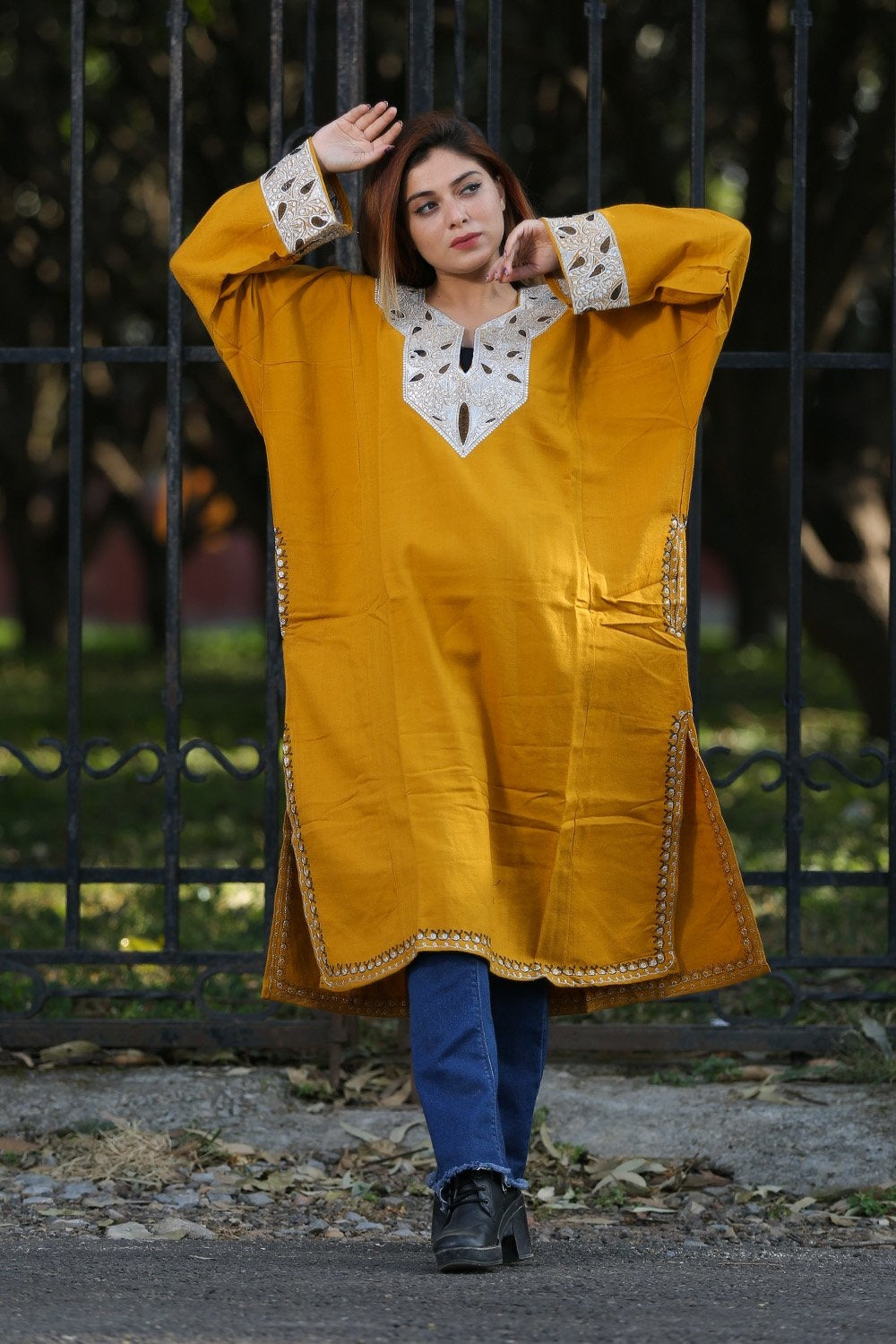 Mustard Color Kashmiri Work Embroidered Phiran Enriched