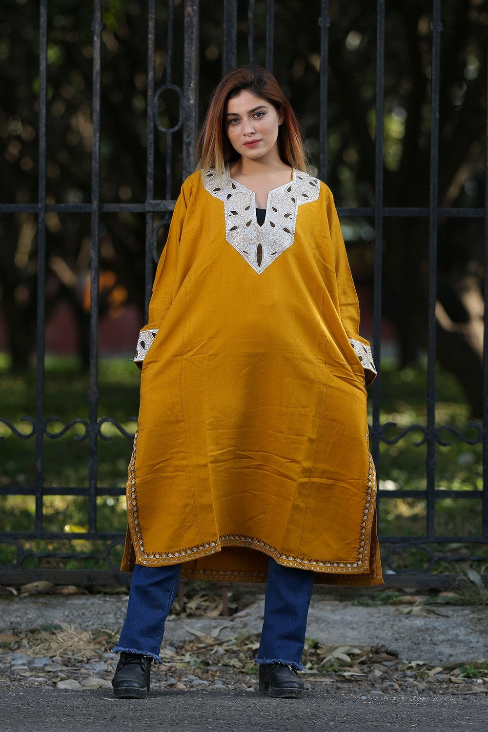 Mustard Color Kashmiri Work Embroidered Phiran Enriched
