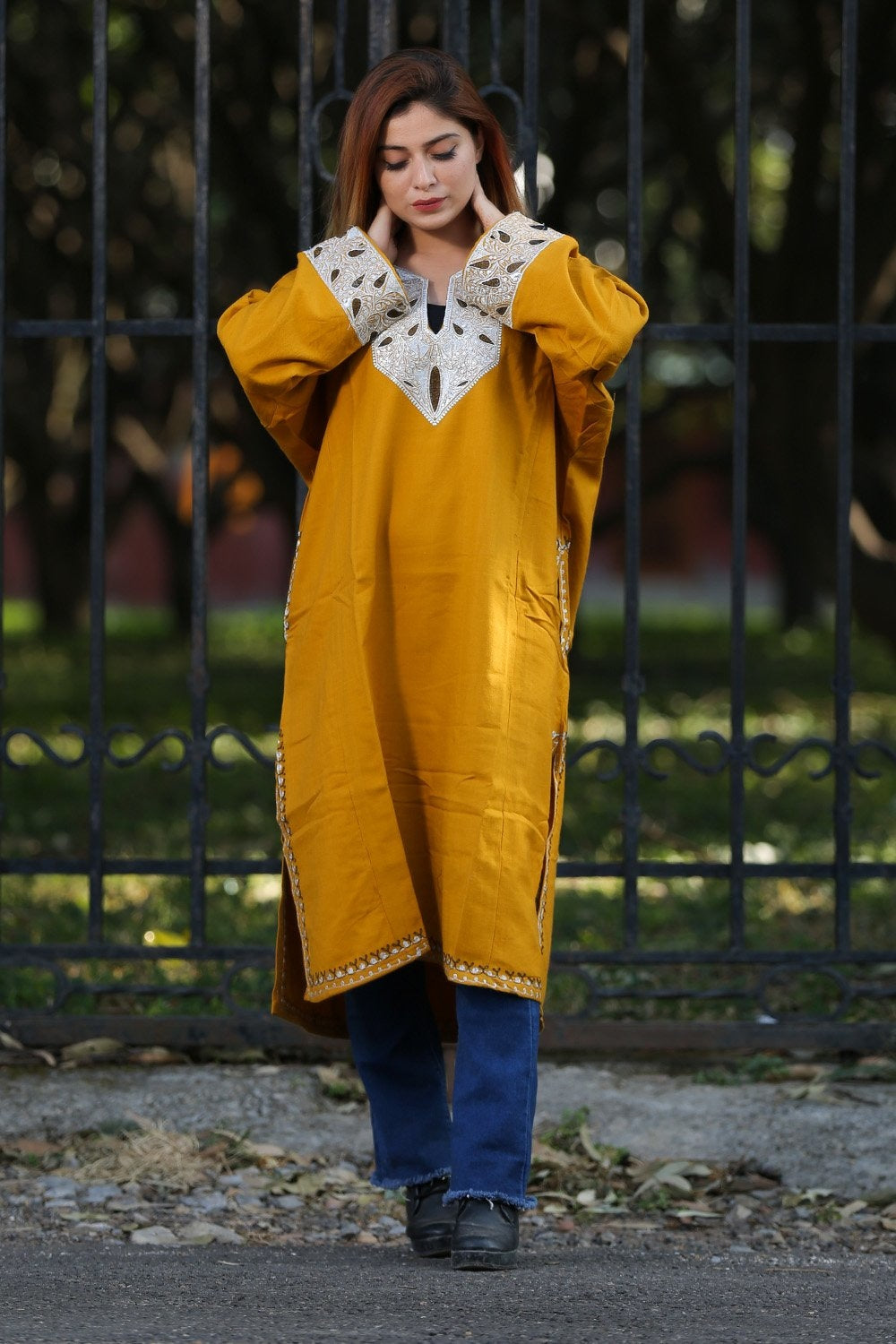 Mustard Color Kashmiri Work Embroidered Phiran Enriched