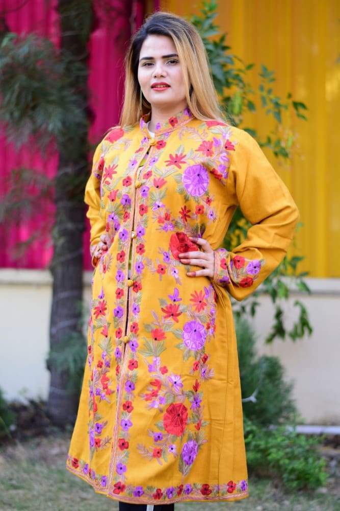 Mustard Colour Aari Work Embroidered Jacket Designer