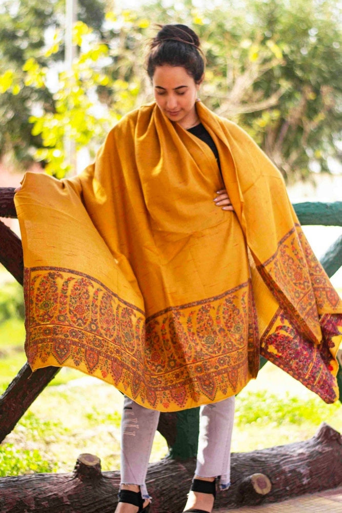 Mustard Colour Kani Shawl With Style Bold And Dense Border