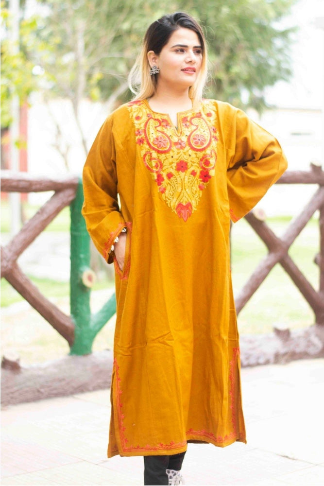 Mustard Colour Kashmiri Work Embroidered Phiran Enriched