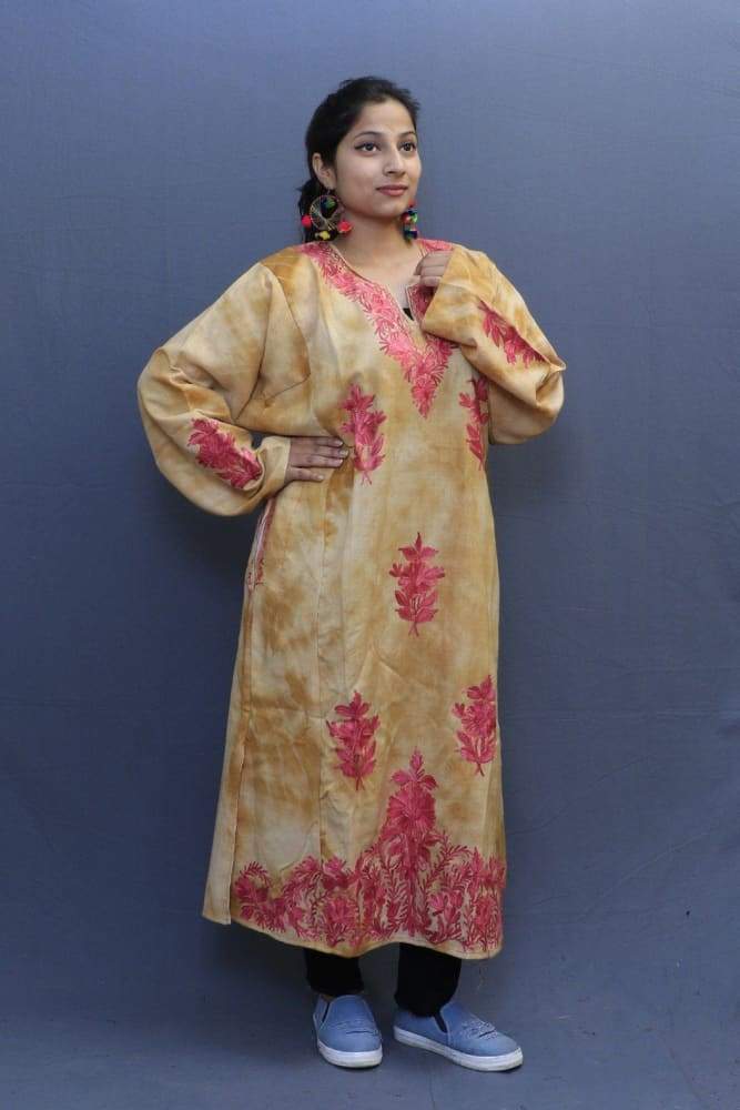 Mustard Colour Tye And Dye Phiran With Kashida Aari