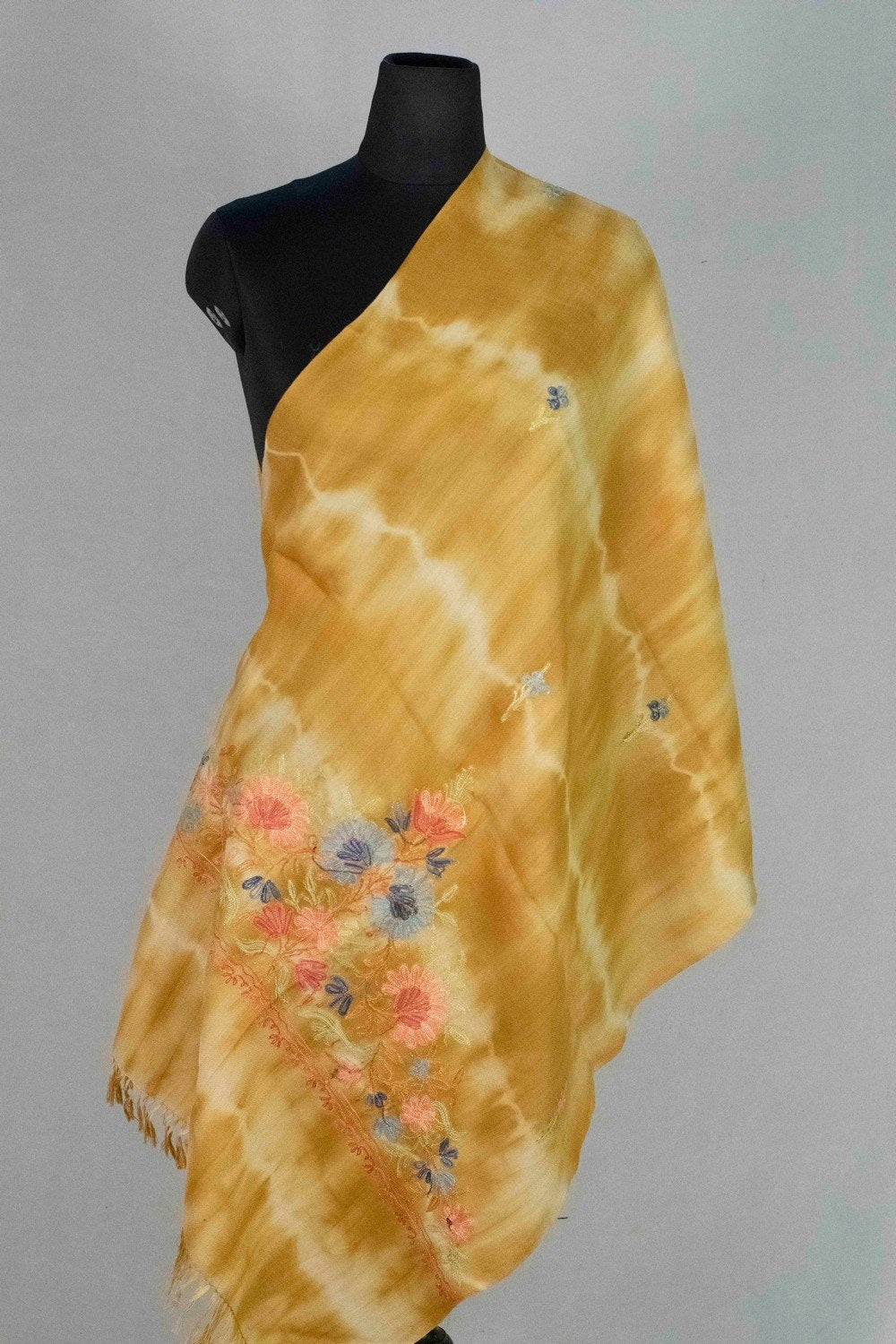 Mustard Colour Tye Dye Stole With kashmiri Embroidery