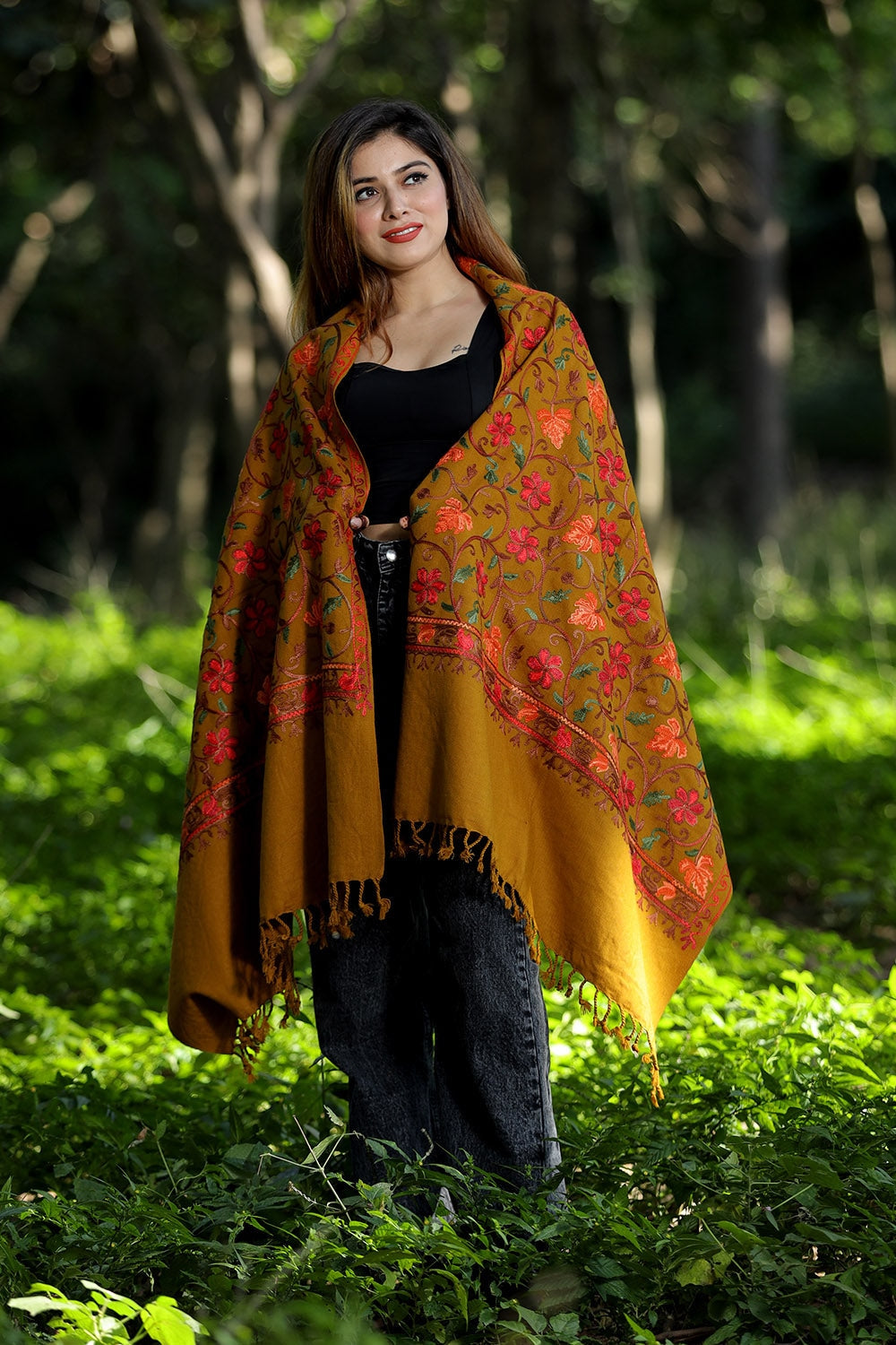 Mustard Colour Wolen Base With Rich All Over Kashmiri Jaal
