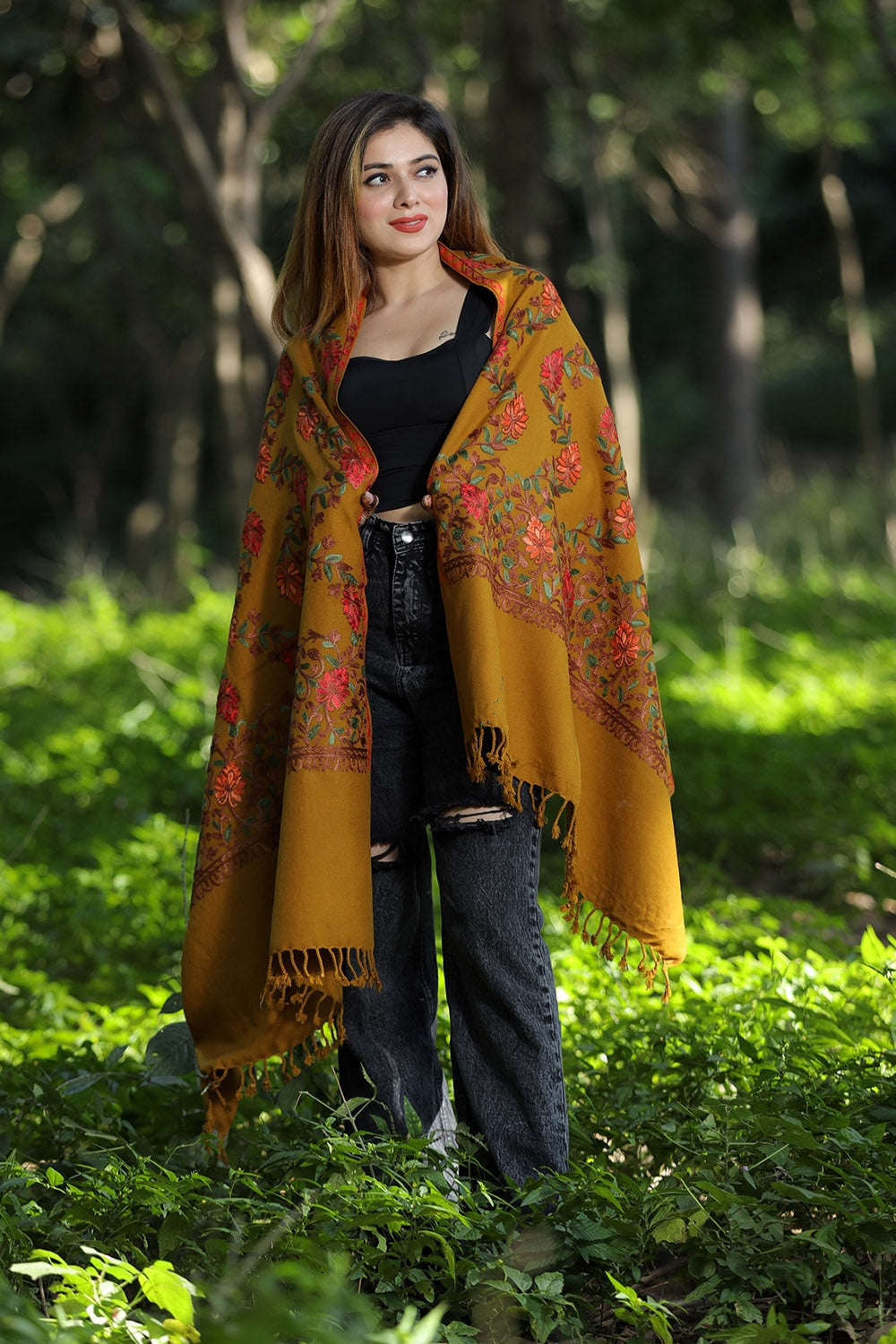 Mustard Colour Wolen Base With Rich All Over Kashmiri Jaal