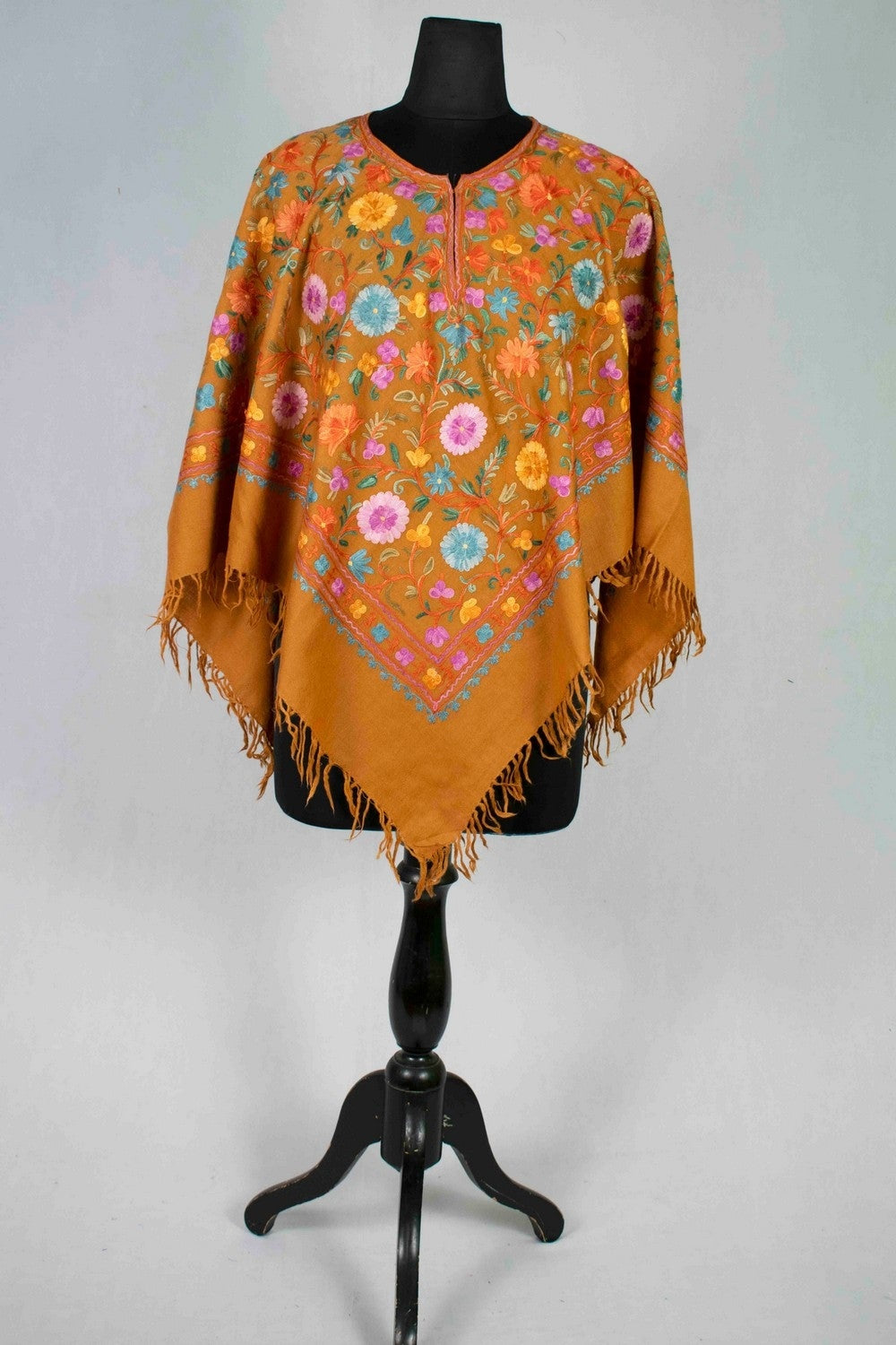 Mustard Kashmiri Aari Work Embroidered Poncho Enriched