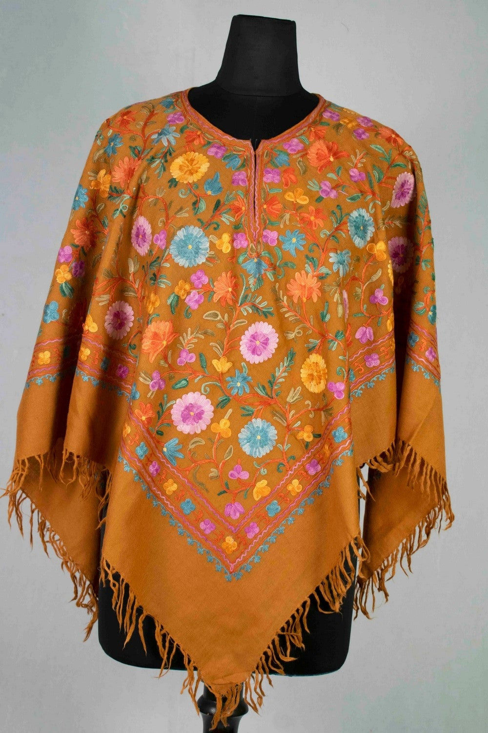 Mustard Kashmiri Aari Work Embroidered Poncho Enriched