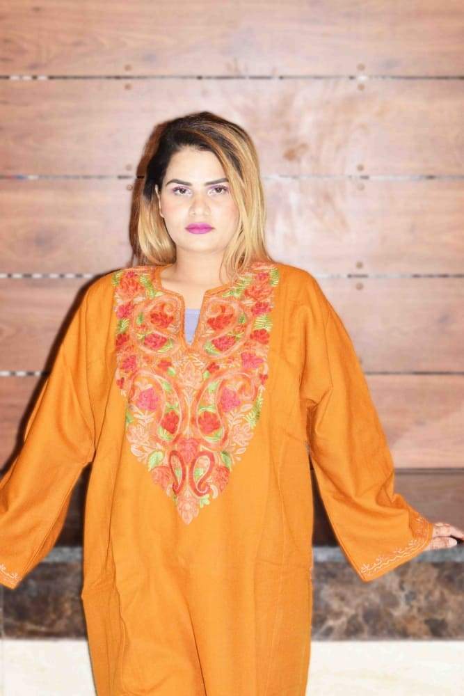Mustard Yellow Color Aari Work Embroidered Phiran Enriched