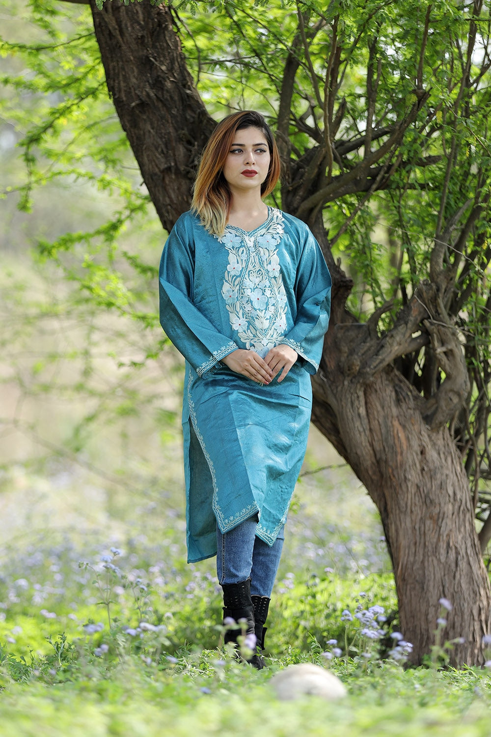 Natural Sky Blue Colour Rayon Silk Kurti With Beautiful Aari